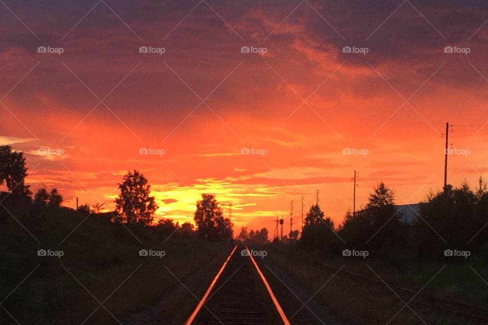 Scarlet sunset. View from the railway