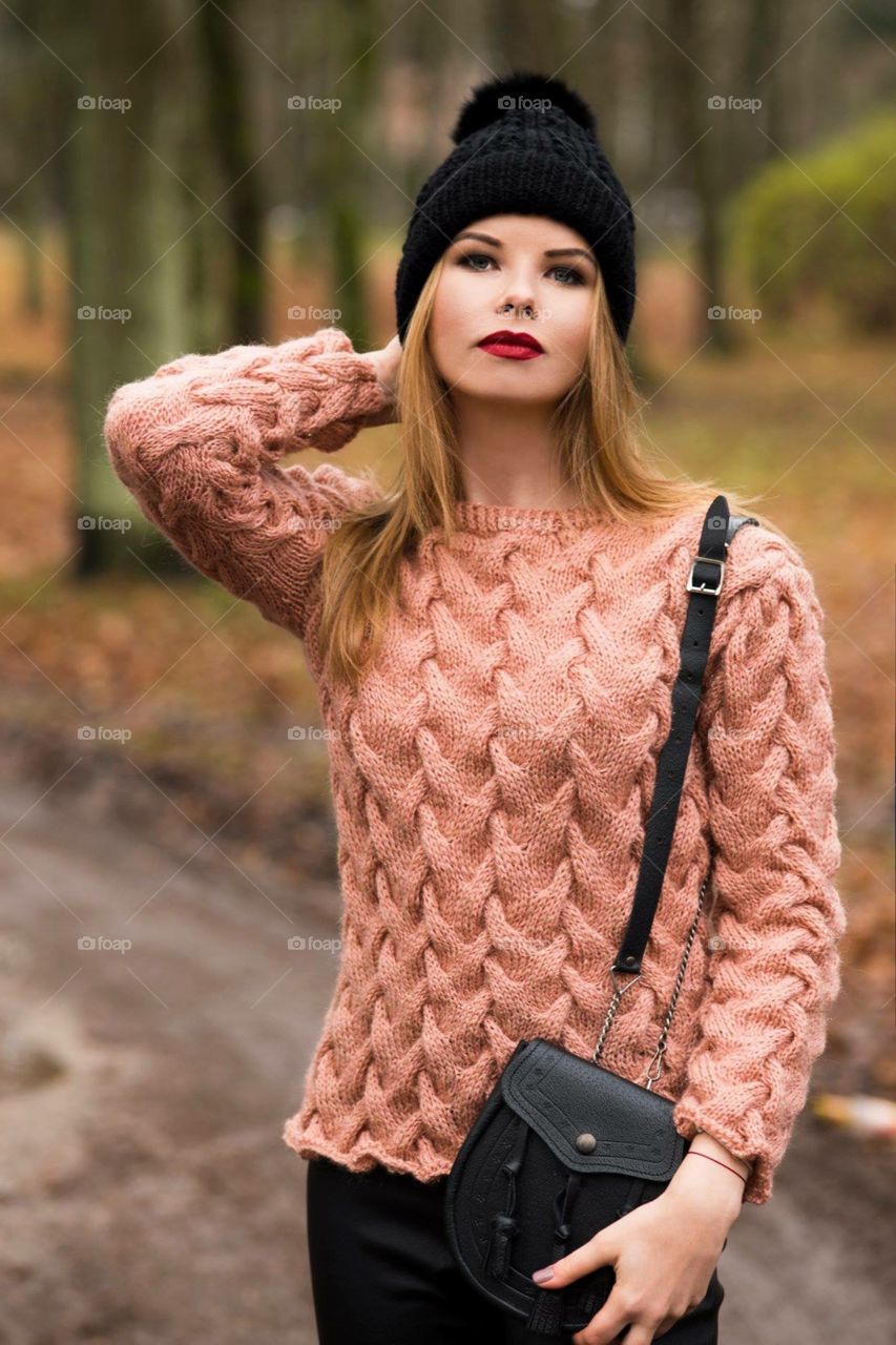 My model with handmade knitwear 