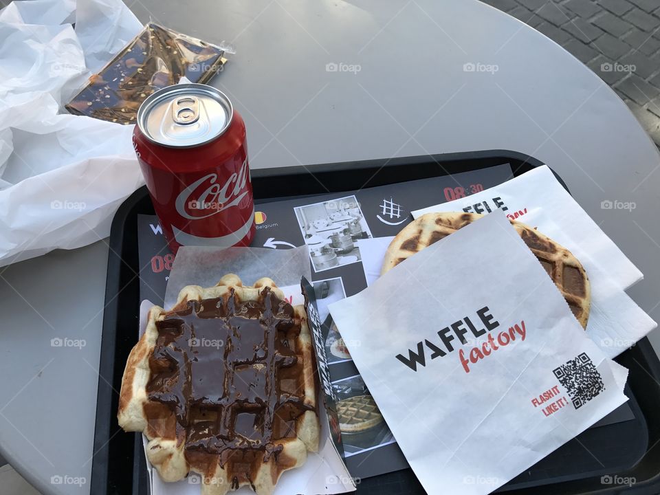 Waffle factory 
Belgium 
Food
Coke
Chocolate 