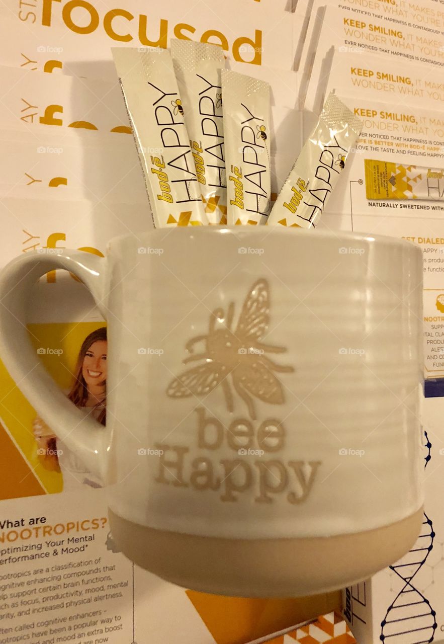 Bod-Pro, BodePro, Nootropic, Nootropics, mug, Happy, Bee Happy, honey, honey sweetened, energy, focus, www.bodepro.com/healthfirst, healthy, packets, yellow, drink, powder, convenient, on the go, travel friendly, vitamins, minerals, lemon, lime, good
