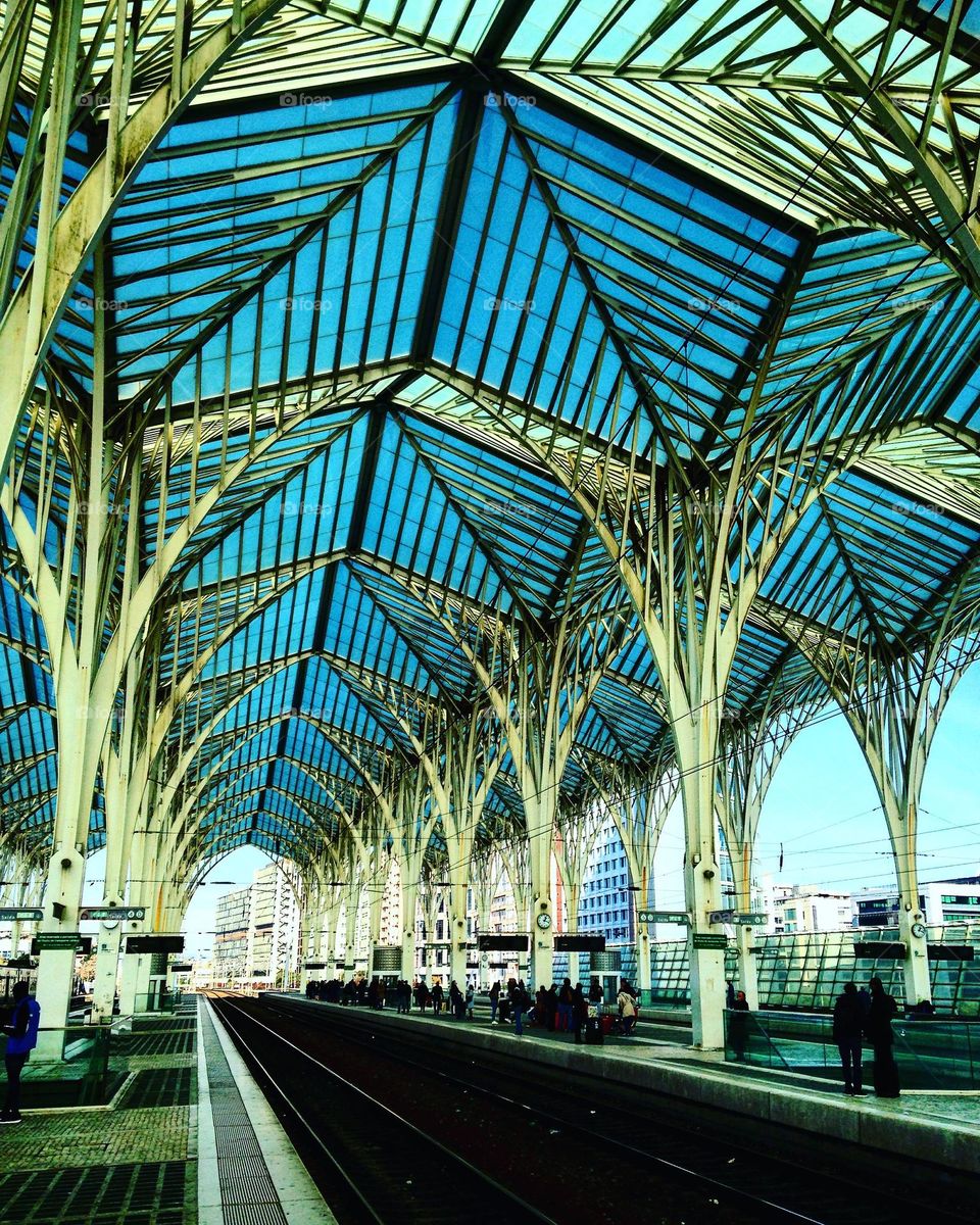 metal structure with glass of subway station in Lisbon, Portugal