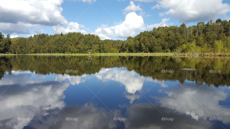 Cloudy sky reflecting in lake