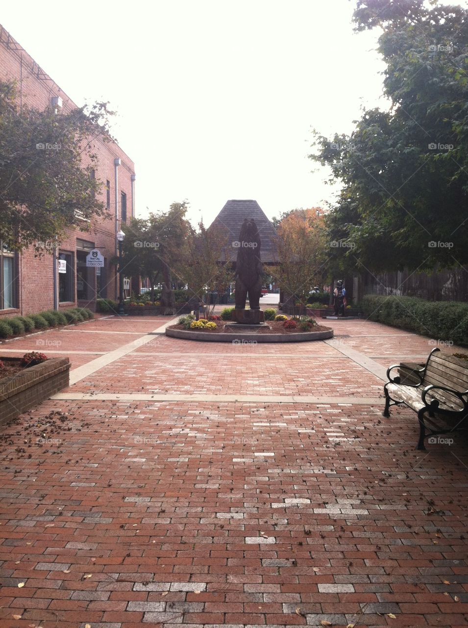 Bear at New Bern plaza. Bear statue in the middle of a walkway