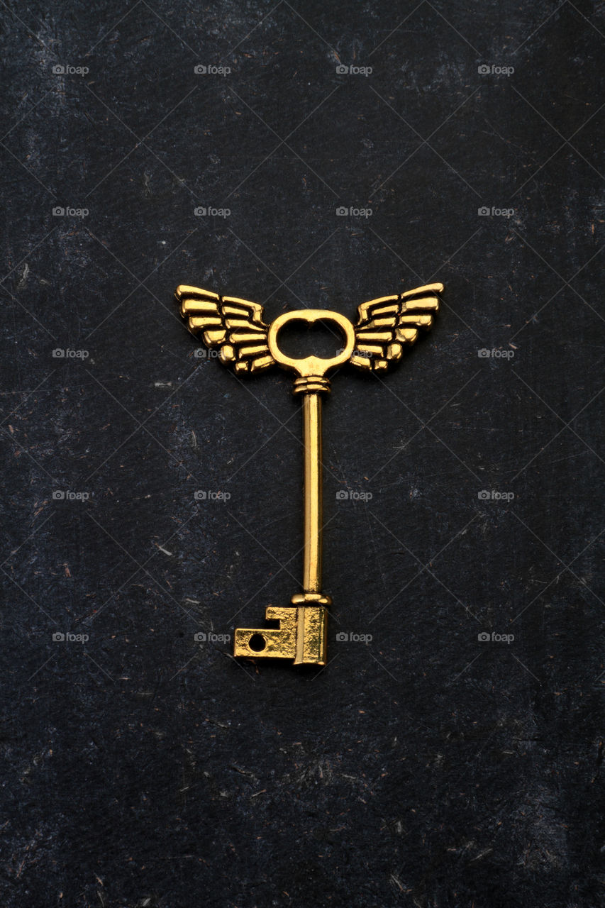 Golden key with wings on black background