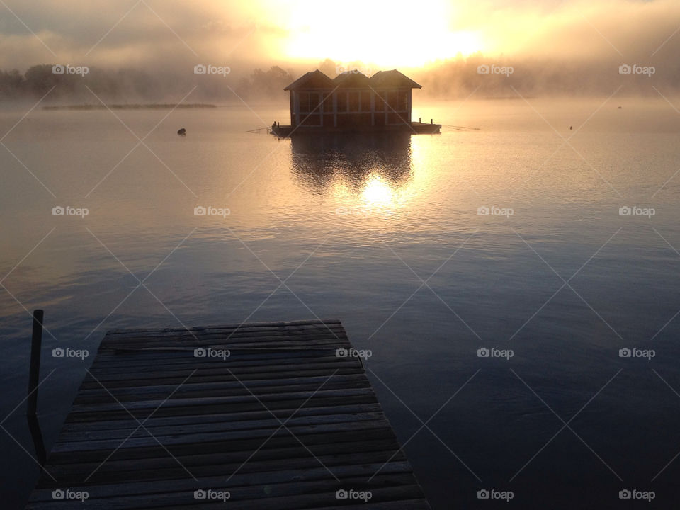 house houseboat floating lake water fog foggy morning sunrise sunset dusk dawn calm water trollhättan sweden by zebra