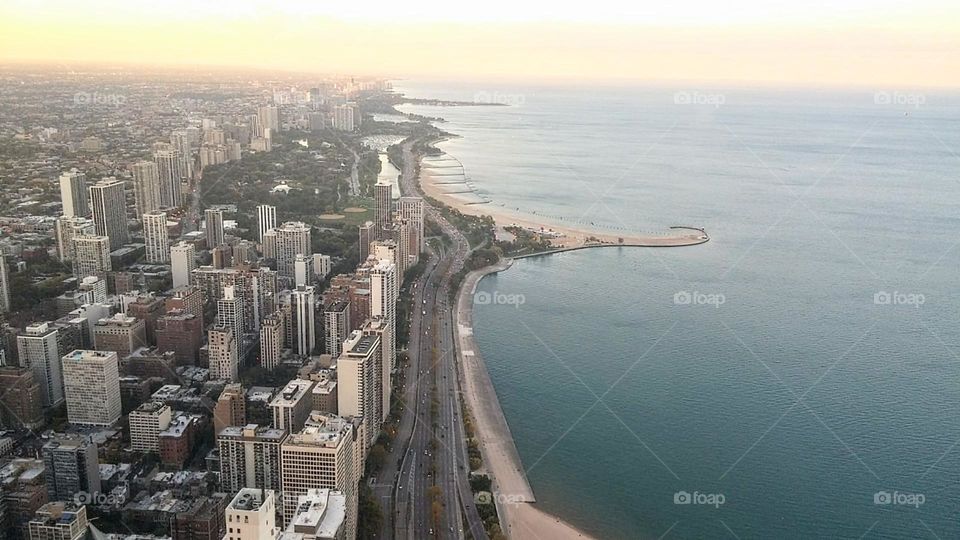 Chicago City architectural skyline aerial view from the signature lounge, city architecture, lake Michigan shoreline architecture