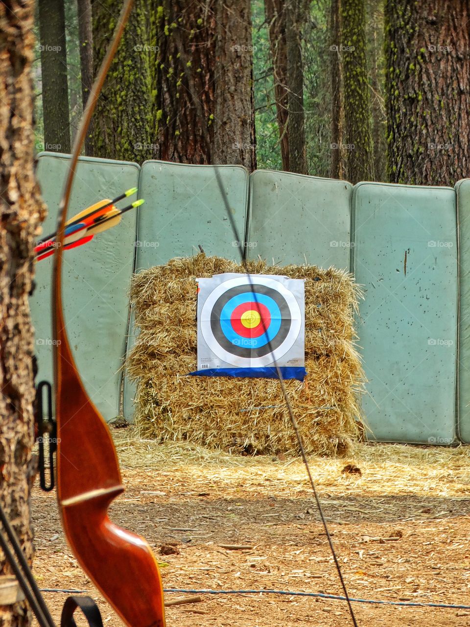 Archery Range. Bow And Arrows And An Archery Target