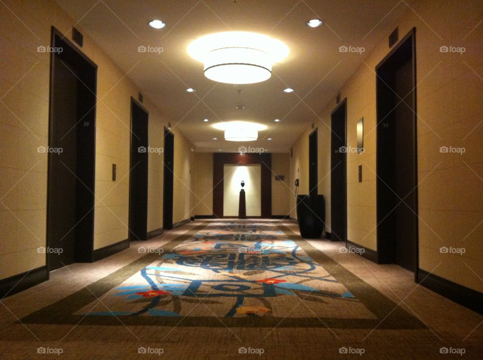 Hotel lobby, elevators. 
