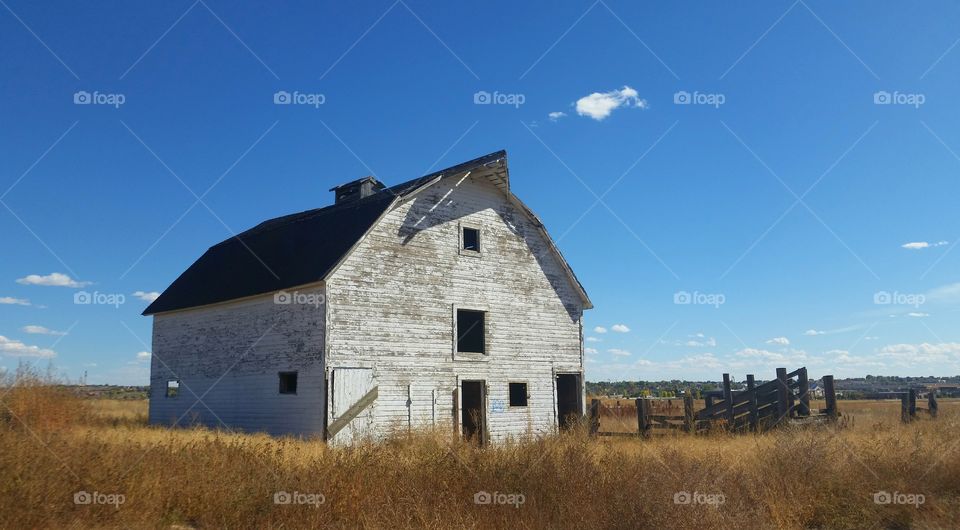 a rustic barn under a blue sky