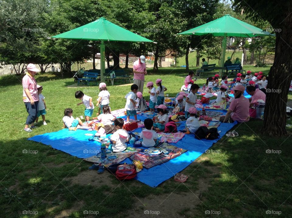 Japanese children picnic in asahiyama zoo. Hokkaido japan 
