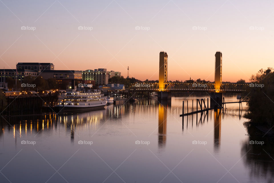 Tower bridge and Delta King in the evening during sunset in Sacramento