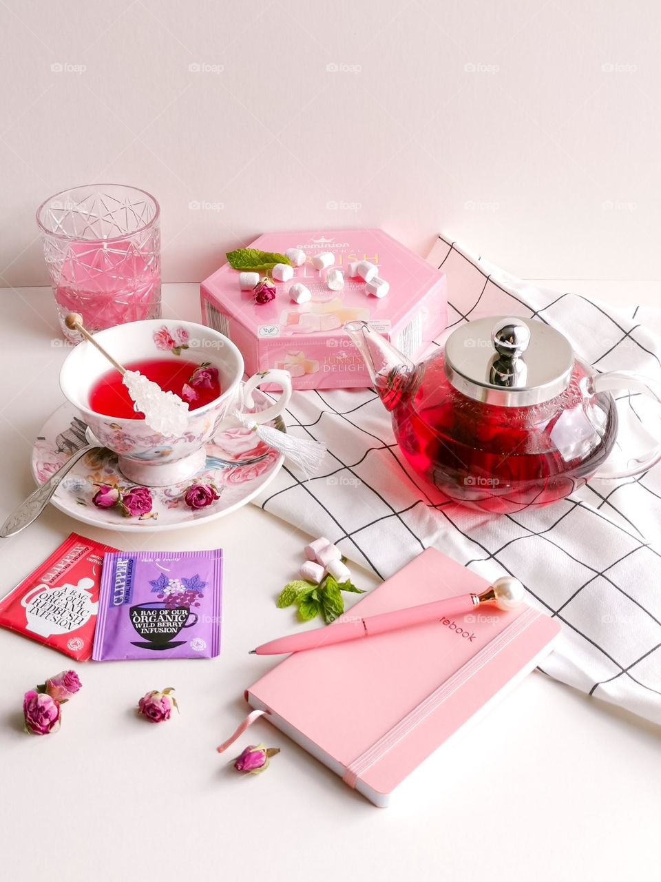 I love pink color. Tea time. Pink flatlay.