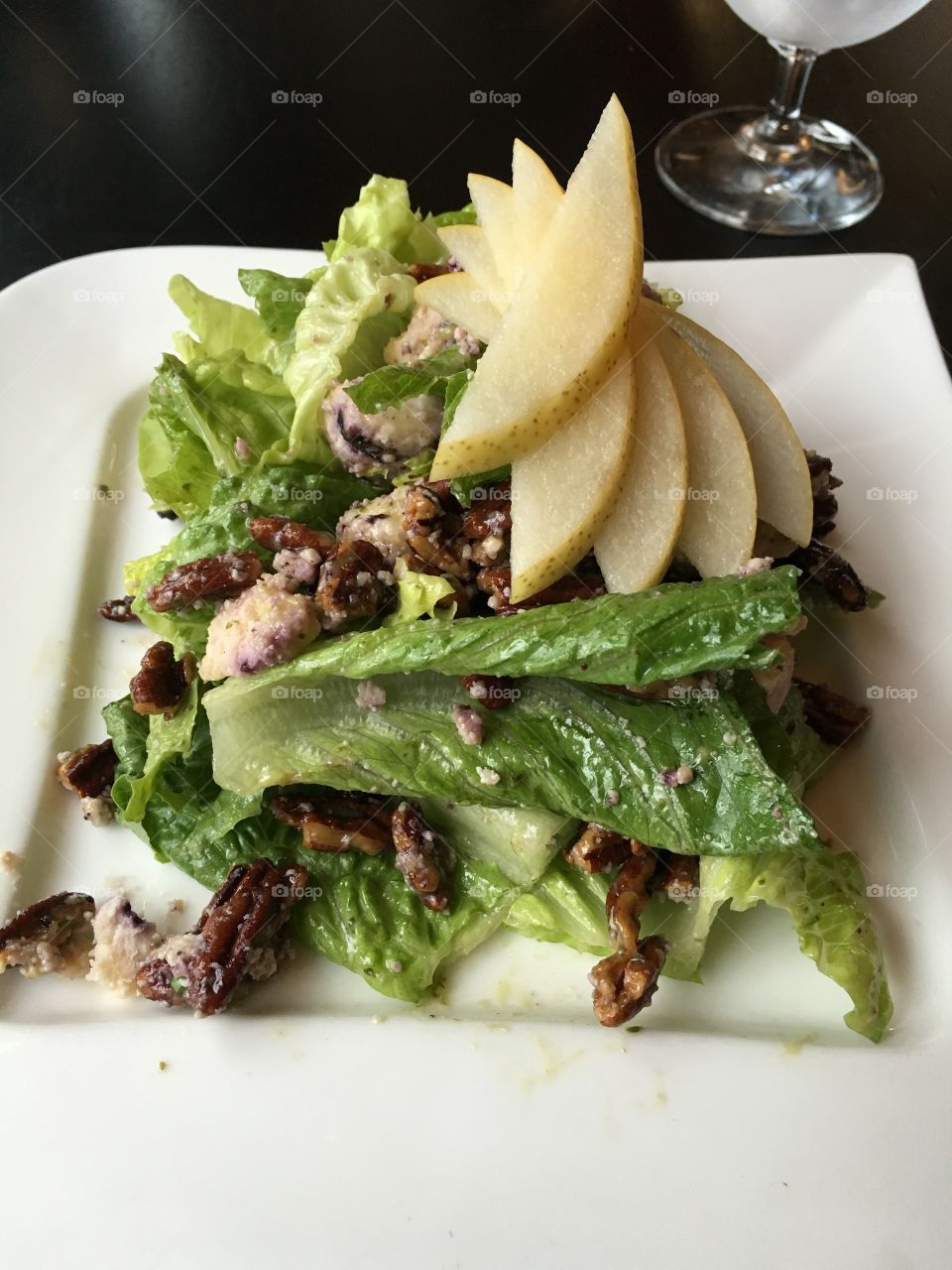 Romaine Pear Champagne Salad with Blueberry Stilton Cheese & Candied Walnuts 