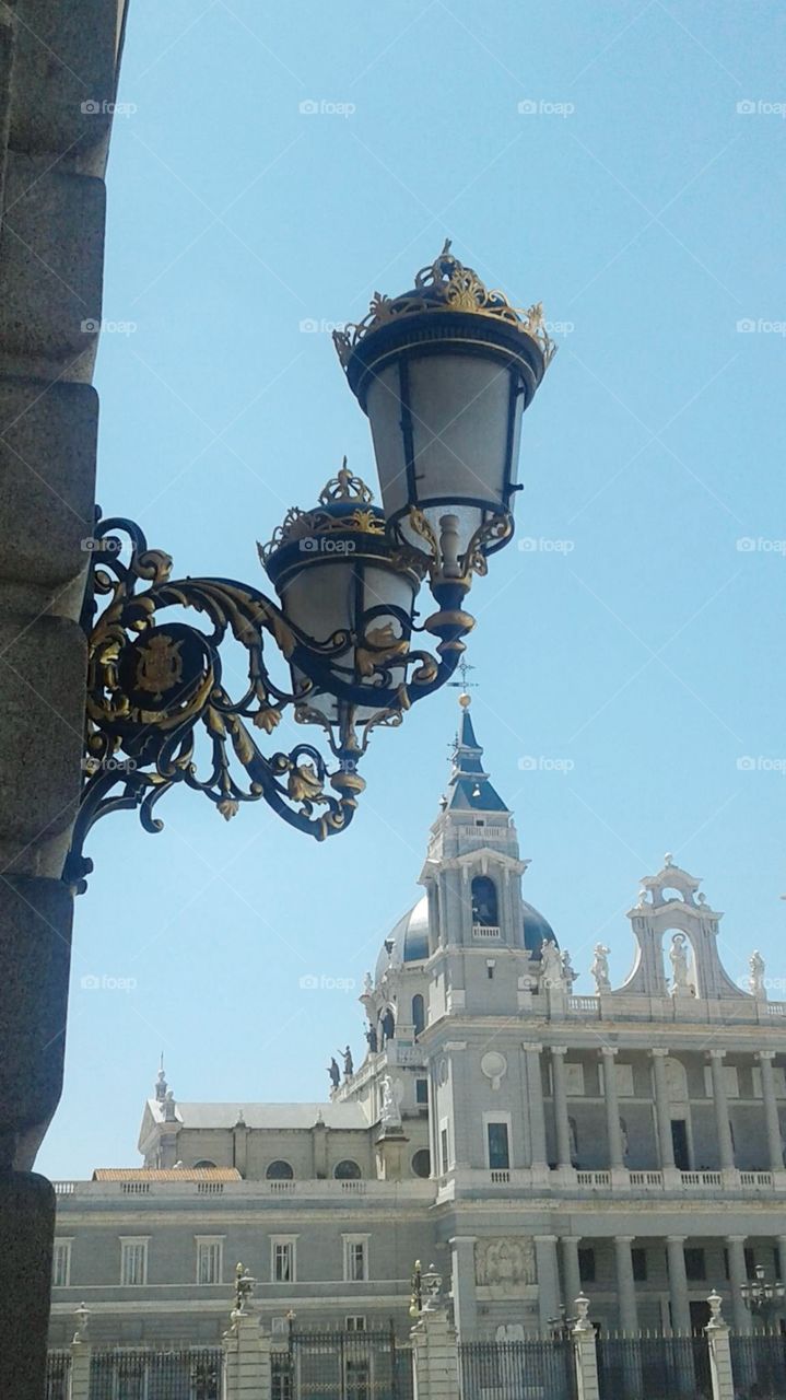 Gold leafed lamp with historic building in the background.