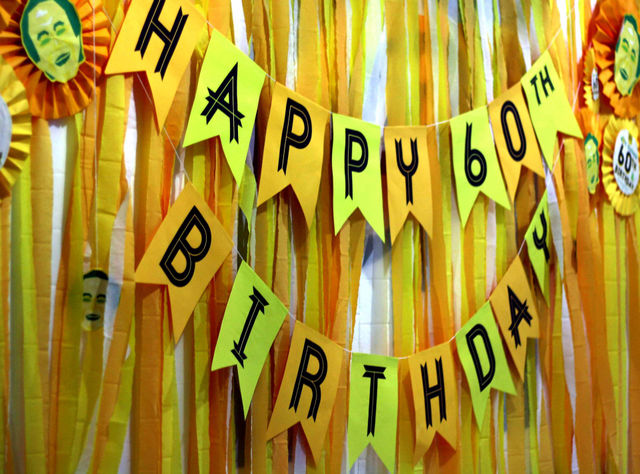 Yellow themed party, flaglet, caricature, birthday banner, 60th