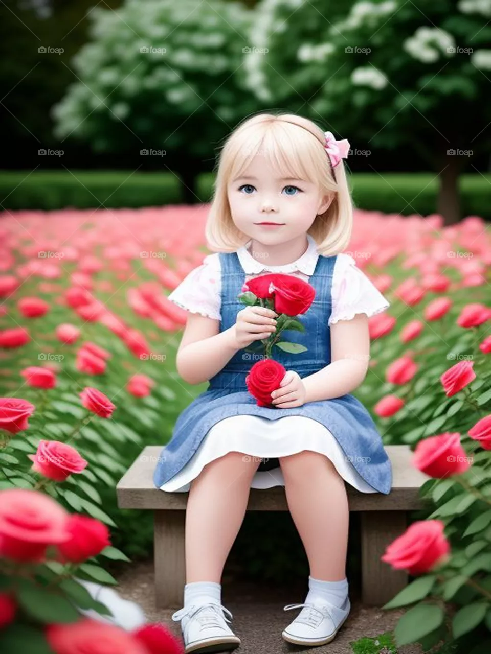 Beautiful blonde girl in a rose garden