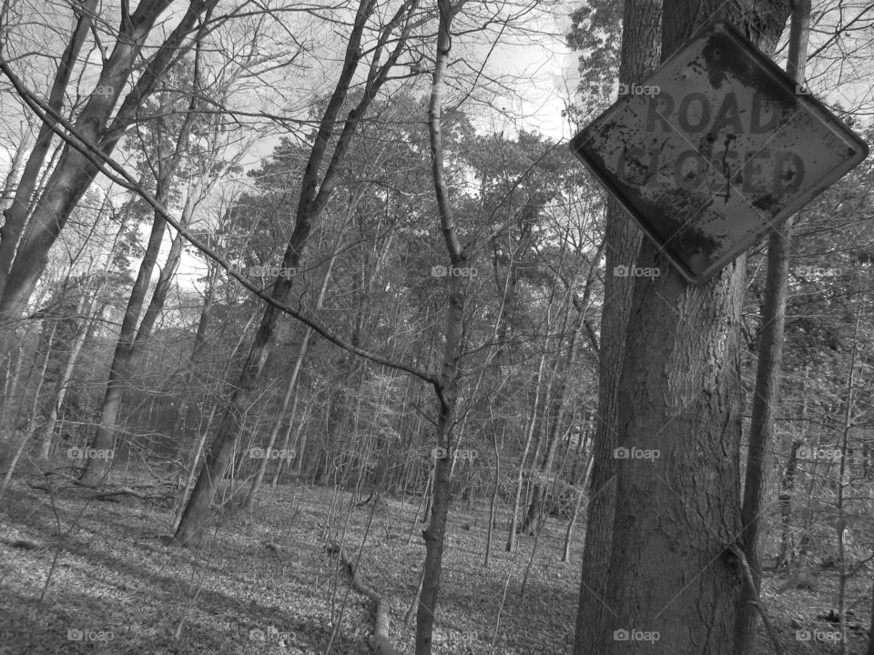 Black and white picture of a rusted road closed sign in the woods