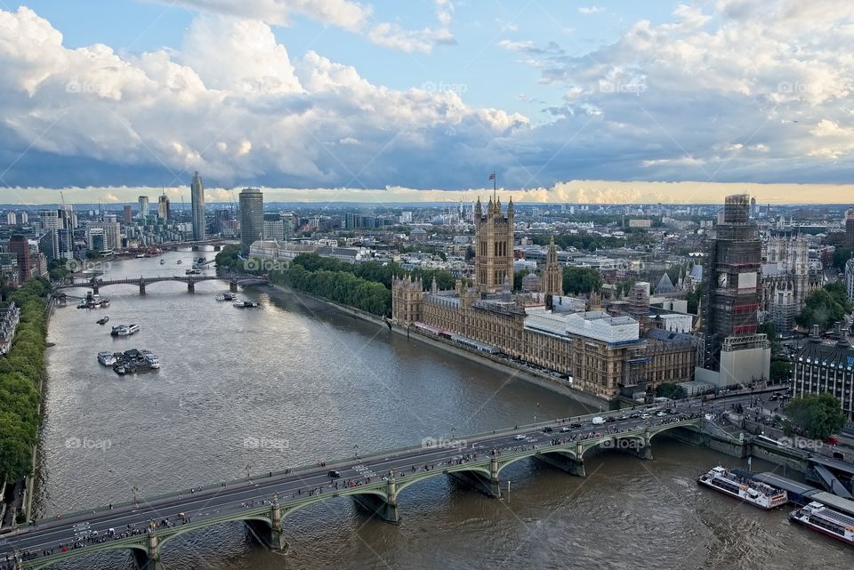 Aerial view of Thames river and Parliament in London, UK