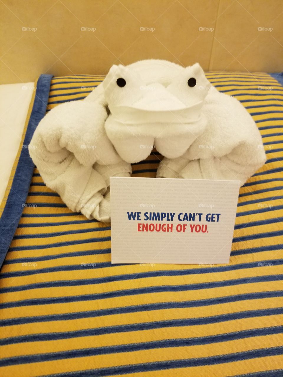 Frog towel on my bed on the Carnival cruise ships the sunshine