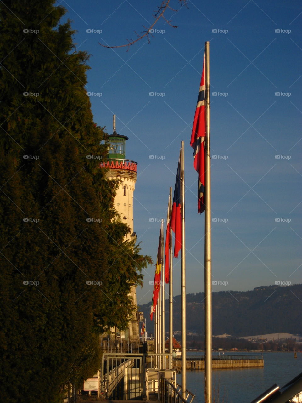 flags and signal tower of Lindau