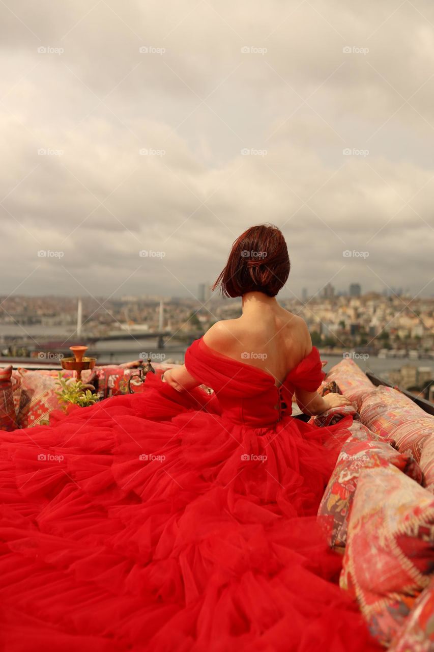Red dress. Beautiful view. Istanbul. Women.
