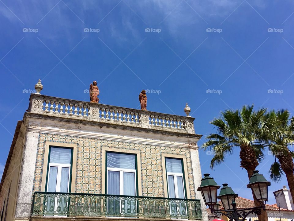 Real house, street lamps and Palm trees