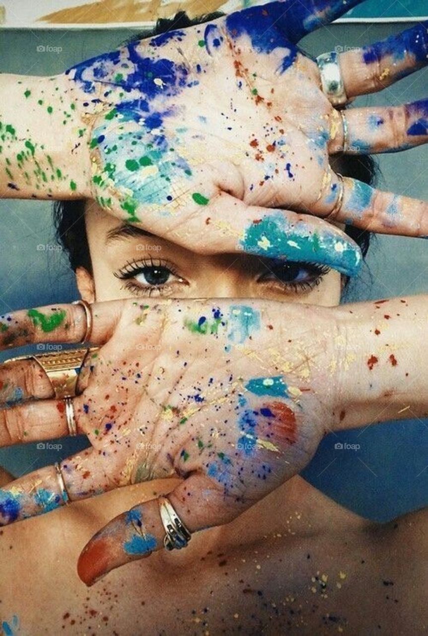 Girl, colored hands