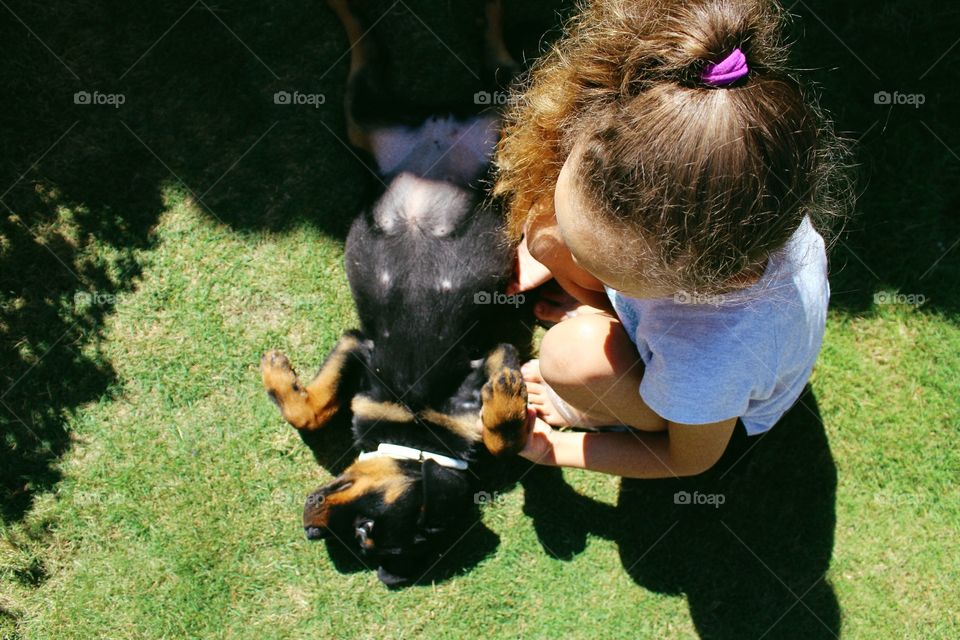 Rottweiler puppy getting sun with child