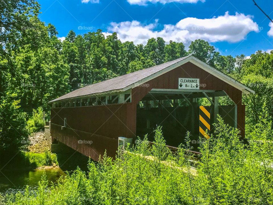 Covered wooden bridge with beautiful tree background.