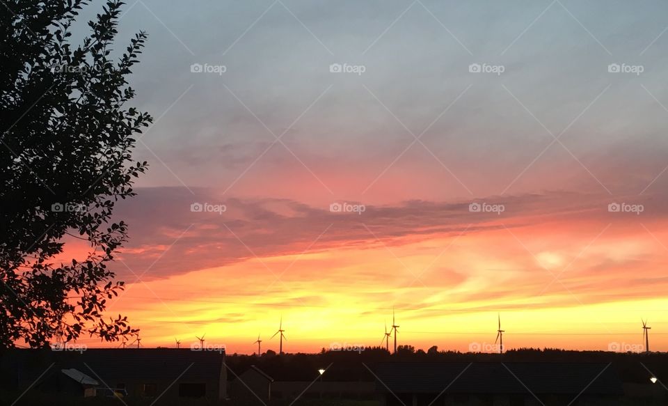 Sunset over windmills, evening sky