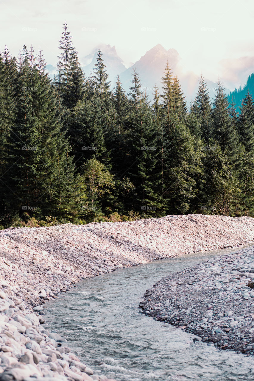 Mountain river valley landscape. Natural scenery of the mountain stream, pine trees and mountain peaks in Tatra Mountains