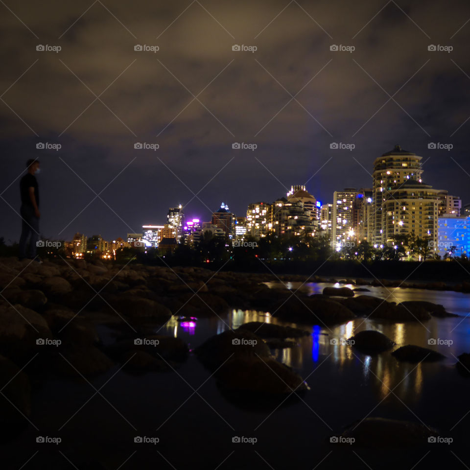 Looking at the Calgary skyline from the other side of the bow river.