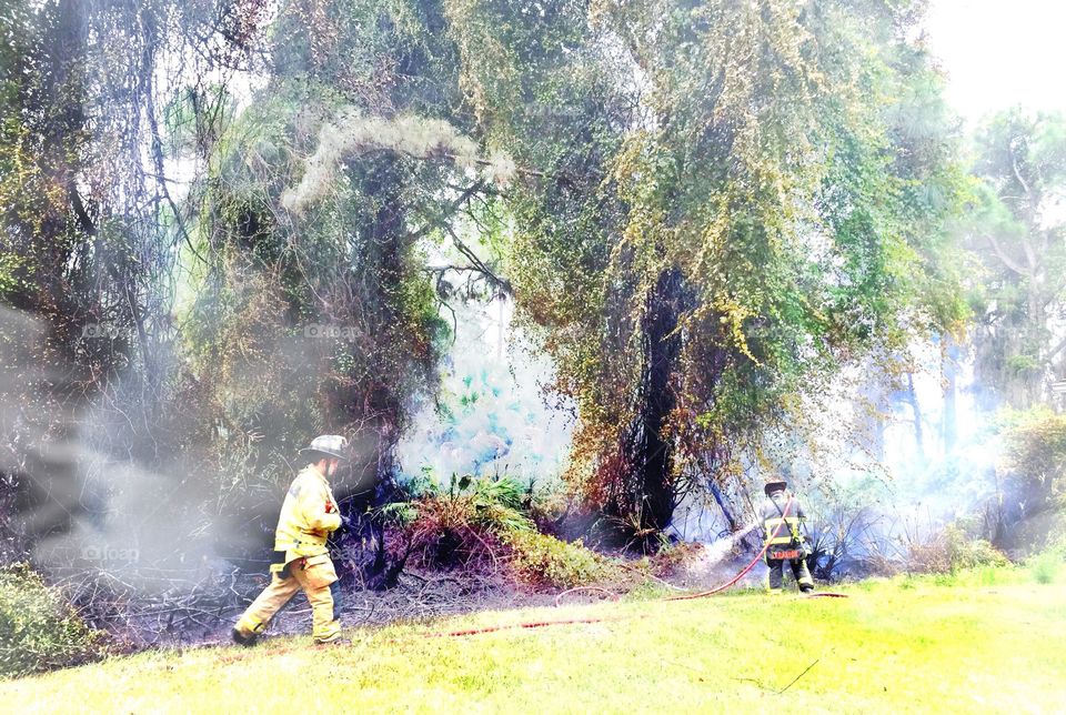 Firemen working. Firemen extinguishing a brush fire dangerously close to a home.
