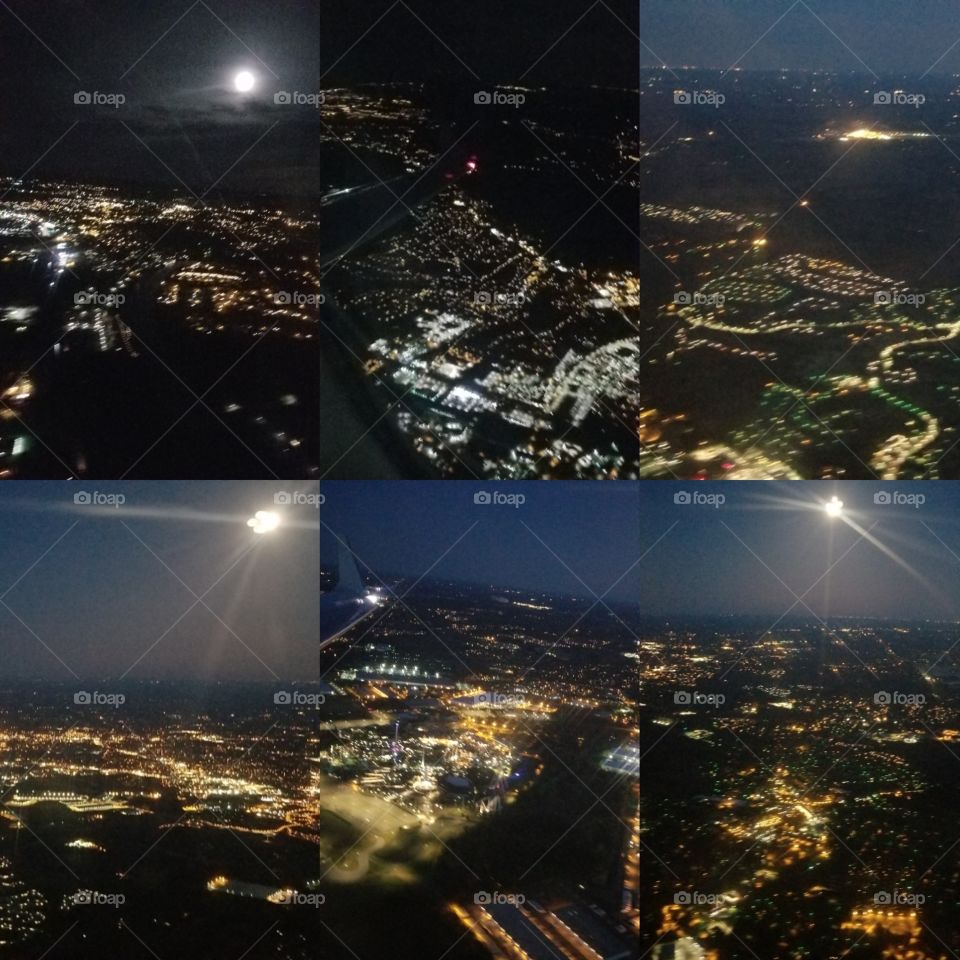 Night flight, city lights
