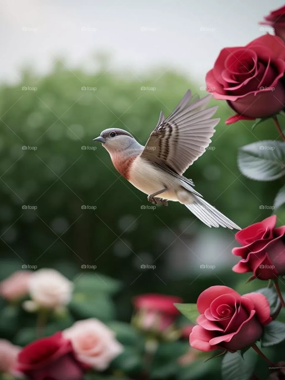 A beautiful bird flutters among the roses