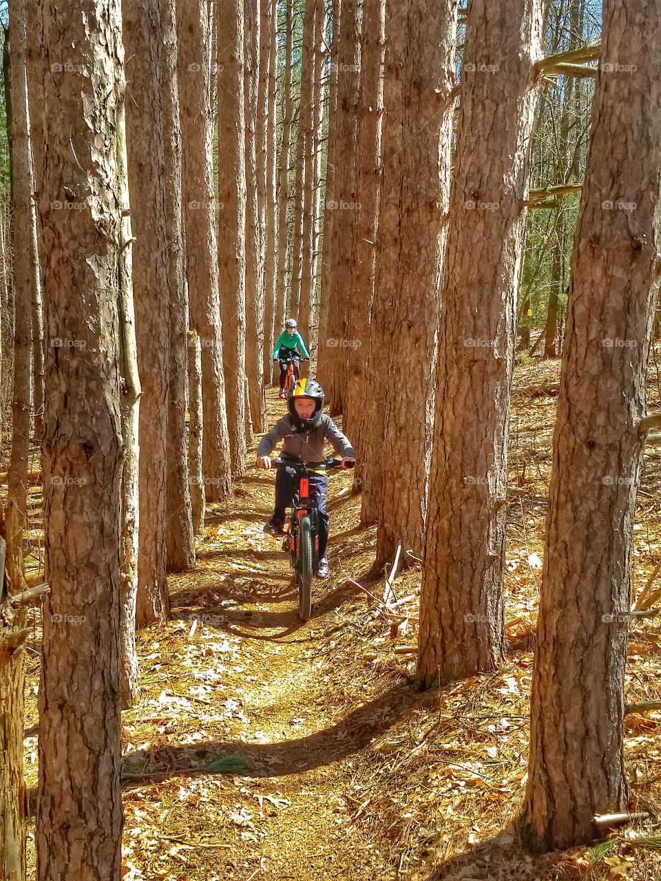 Child mountain biking through forest
