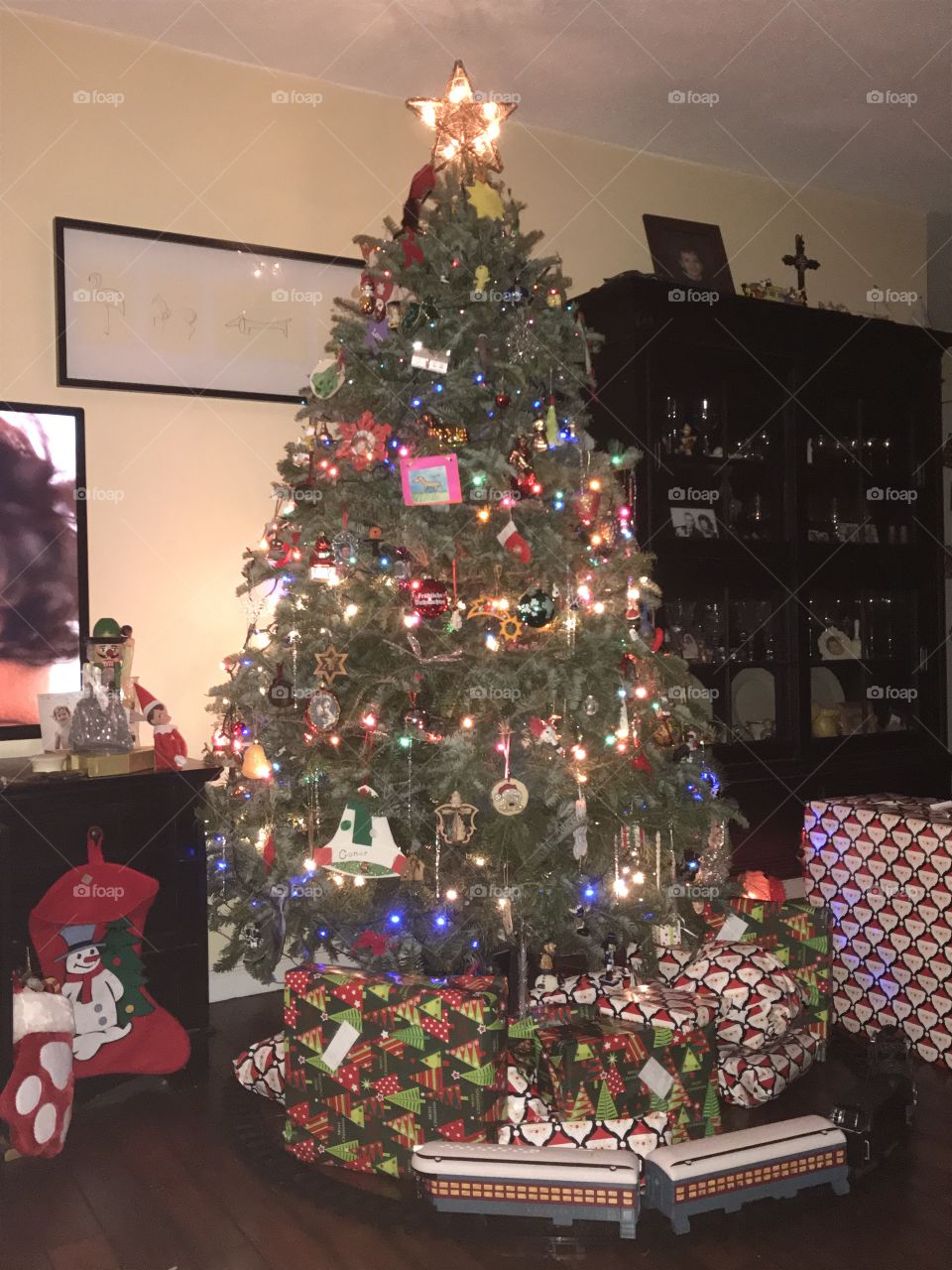 The real live tree, the array of ornaments spanning from obviously homemade to expensive, paired with the large gifts and darkish-light evening time vibe emulated from the wall’s slight contrast, this photo perfectly embodies a quiet family christmas