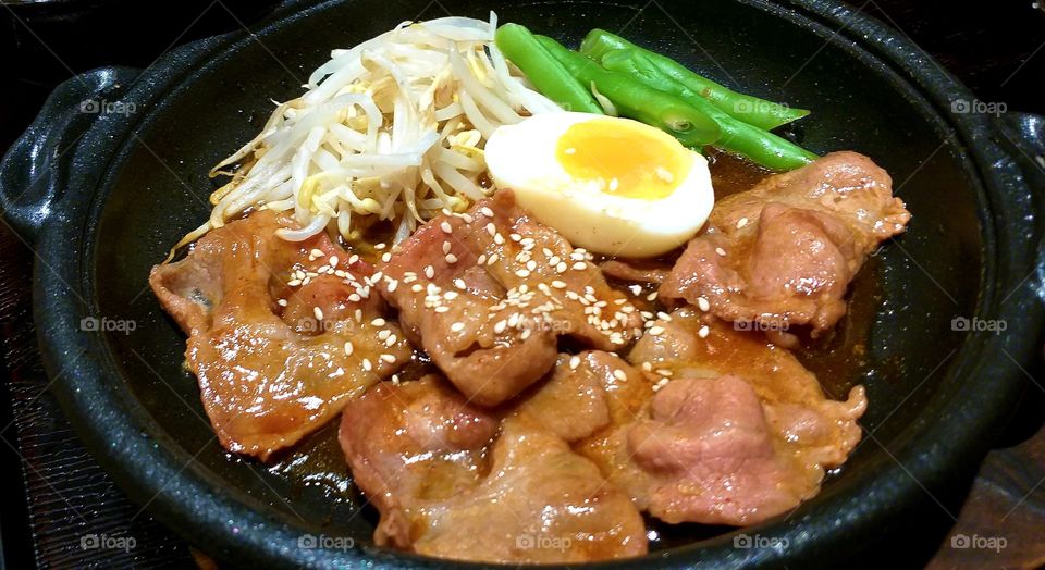 grilled pork, hot pan. japan food.