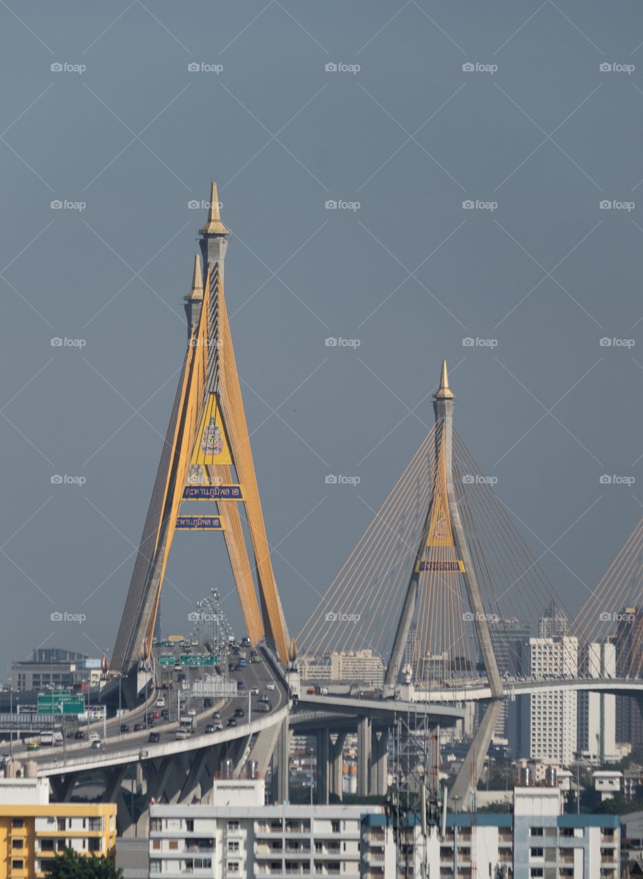 Bangkok/Thailand-October 29 2019:Bird eye view to show sky of beautiful landmark Bhumibol Bridge , still unclear after heavy rain