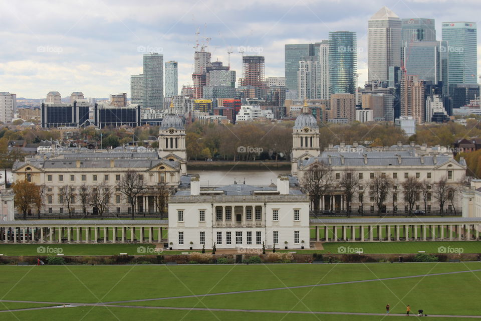 Queens house Greenwich Park with the Royal Naval College behind and the City of London in the distance