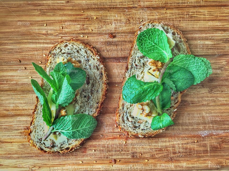 High angle view of food on wooden table