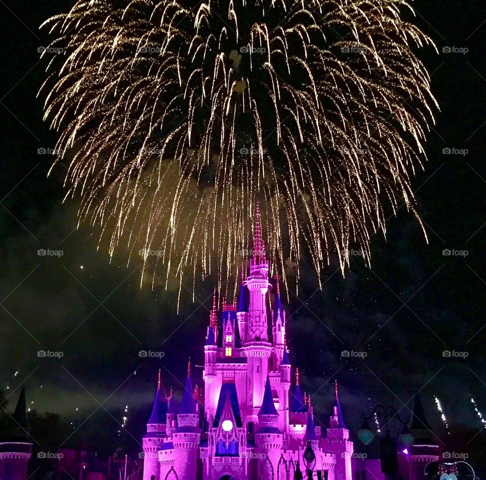 One very large golden firework behind a purple Cinderella’s Castle at Disney World 