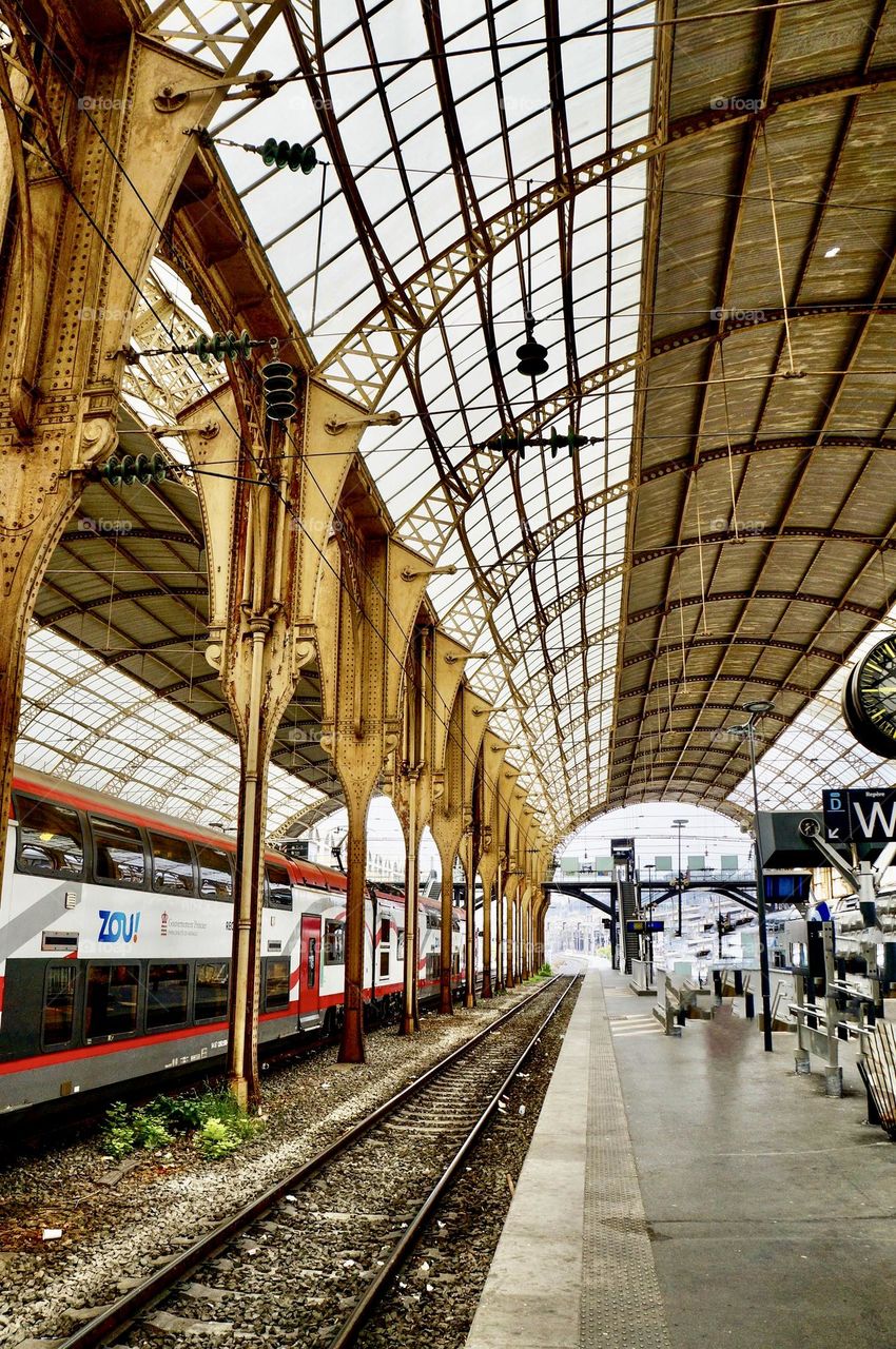 Gare de Nice. The central train station in Nice, France, includes intricate steel and glass framing.