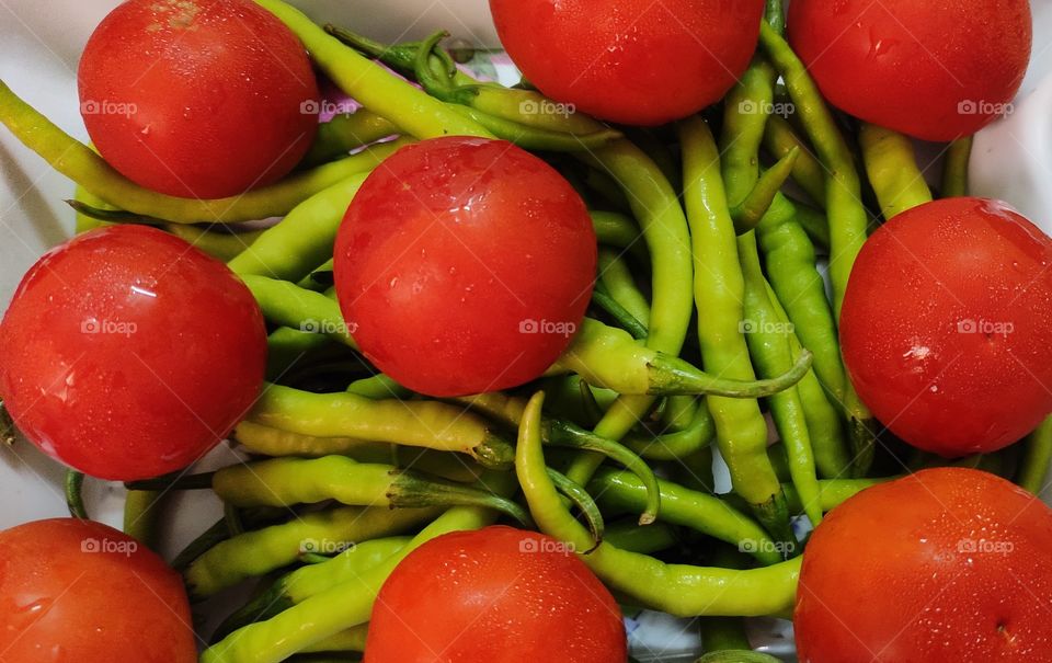 fresh red tomatoes with bunch of green chillies