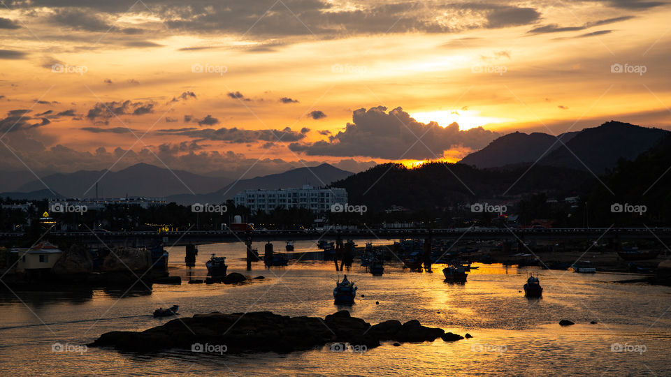 sunset on the river in vietnam