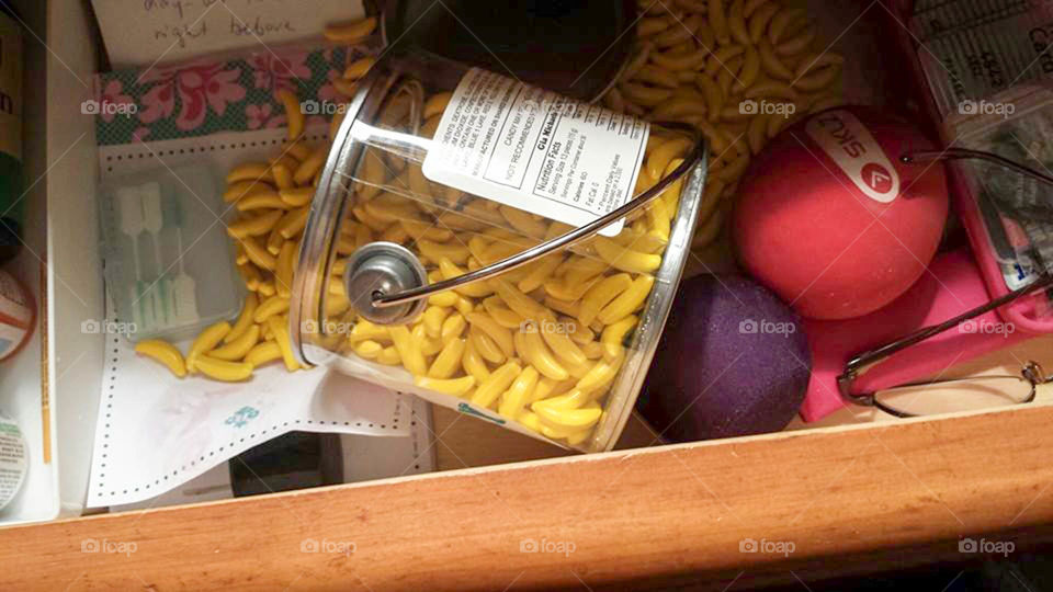 Hate when this happens!. my stash of Banana Runts spilled in my nightstand drawer