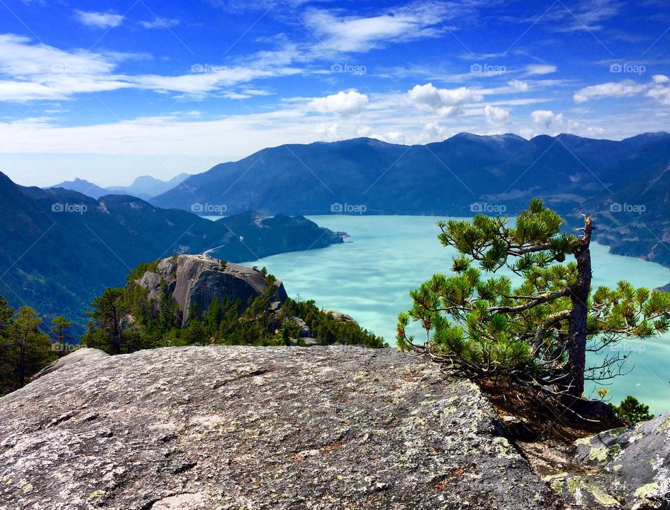 The views of the Pacific Ocean from the Second Peak of the Stawamus Chief Mountain in Squamish BC.