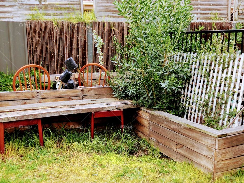 Native plants in homemade pallet planter boxes.