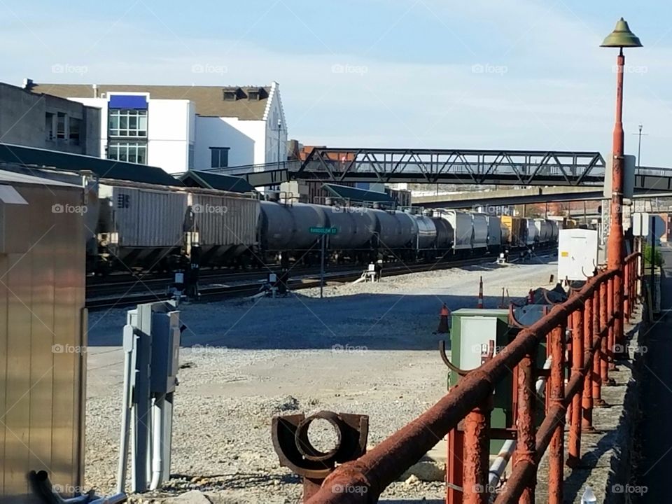 Freight train running through downtown Roanoke Virginia