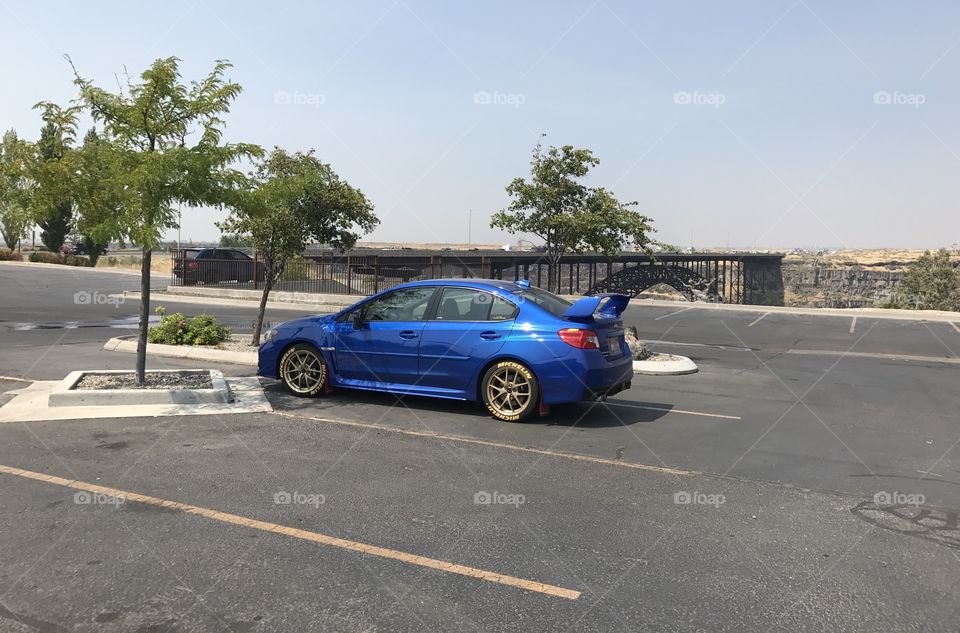 A Subaru WRX STI in a parking lot. The background features small shad trees with a large bridge in the background.
